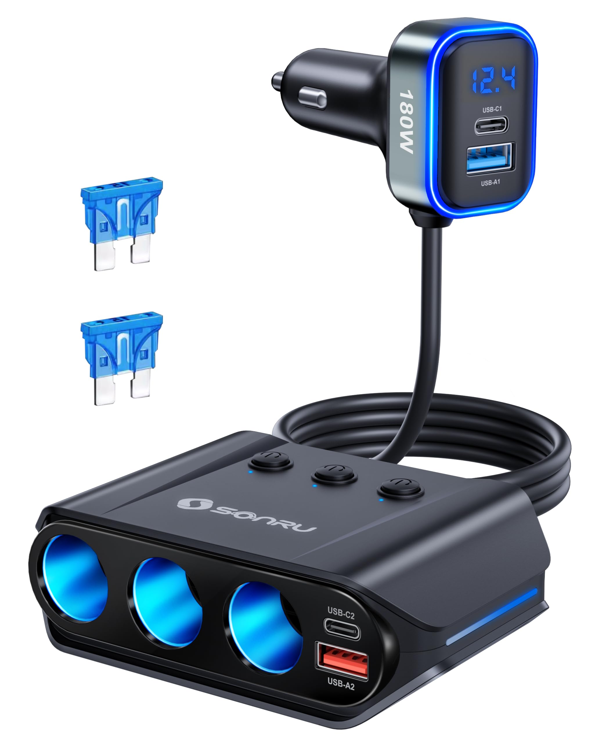 Cigarette lighter distributor 7 in 1, SONRU 180W car charger adapter 12V/24V plug 3-way LED voltmeter with separate switch, quick charger 3 sockets 4 USB ports