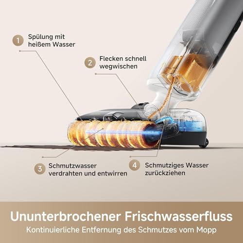 Mova X4 Pro Nass-Trocken-Sauger 20.000 Pa, Heißwasser-Wischfunktion, Tangle-Free, Selbstreinigung bei 100 °C, Push-In-Basisstation, LED-Bürstenkopf, Doppelkante, intelligente Saugkraftregelung