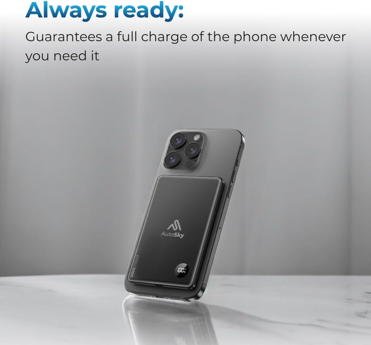 AutoSky Magnetic Power Bank 5000mAh | Wireless &amp; USB-C | LED Display 