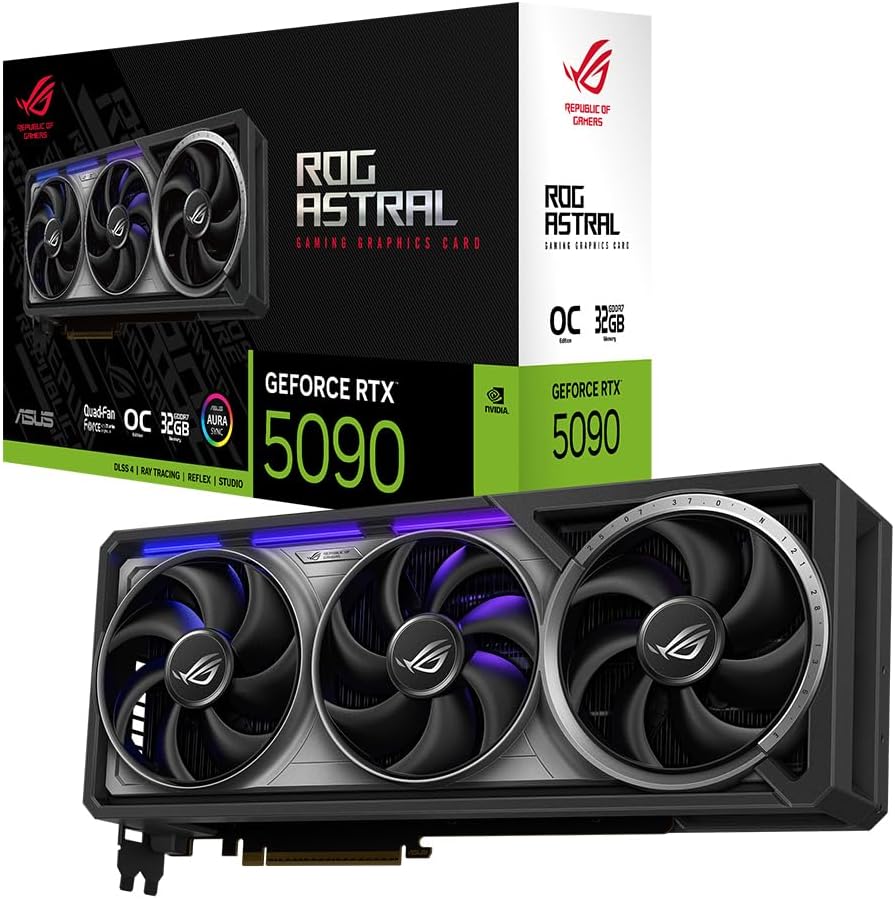ASUS ROG Astral GeForce RTX 5090 32GB GDDR7 OC Edition Gaming Graphics Card (Nvidia GeForce RTX5090, Quad Fans, 3.8-Slot Design, PCIe 5.0, 2x HDMI 2.1b, 3x DisplayPort 2.1a) 