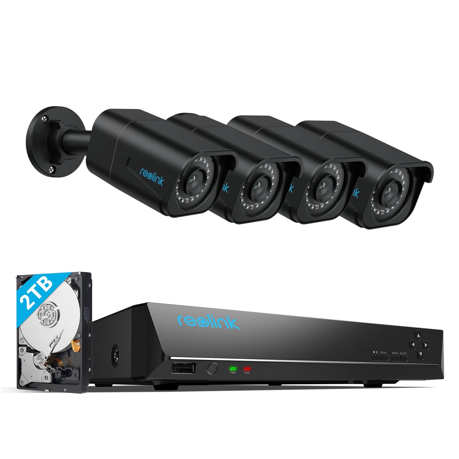 Reolink 4K Outdoor Security Camera Kit, 8CH Video Surveillance with 4x 8MP PoE IP Cameras and 2TB HDD NVR for 24/7 Indoor/Outdoor Recording, Person and Vehicle Detection, IP66, RLK8-800B4 