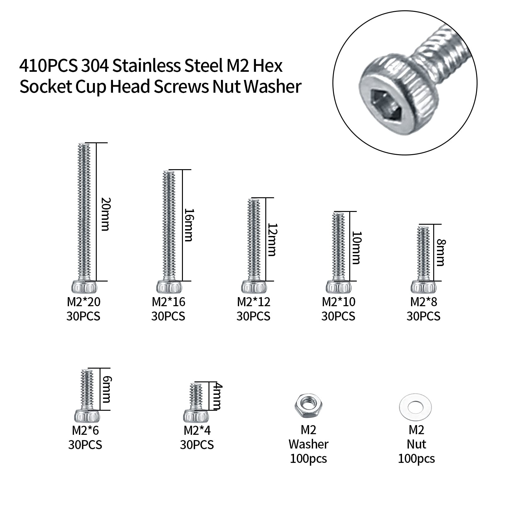 410pcs M2 Countersunk Head Hex Socket Screws, 10.9 Carbon Steel Full Thread Machine Screws, Nuts and Washers Assortment with Allen Keys 