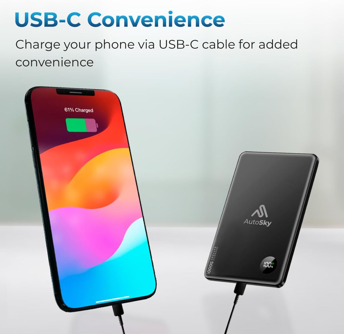 AutoSky Magnetic Power Bank 5000mAh | Wireless &amp; USB-C | LED Display 