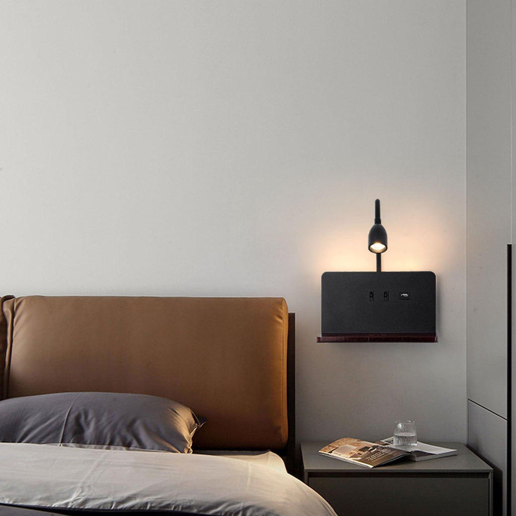 White LED indoor wall light with plug, bedroom wall lamp with USB ports and 10W wireless charger, adjustable and flexible gooseneck reading lamp, 3000K bedside lamp with backlight 