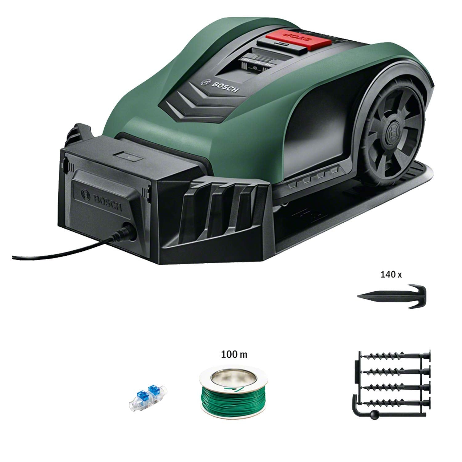 Bosch Home and Garden Indego XS 300 Robot Lawnmower (with Integrated 18 V Battery, Charging Station Included, Cutting Width 19 cm, for Lawns up to 300 m², in Box) Black, Green 