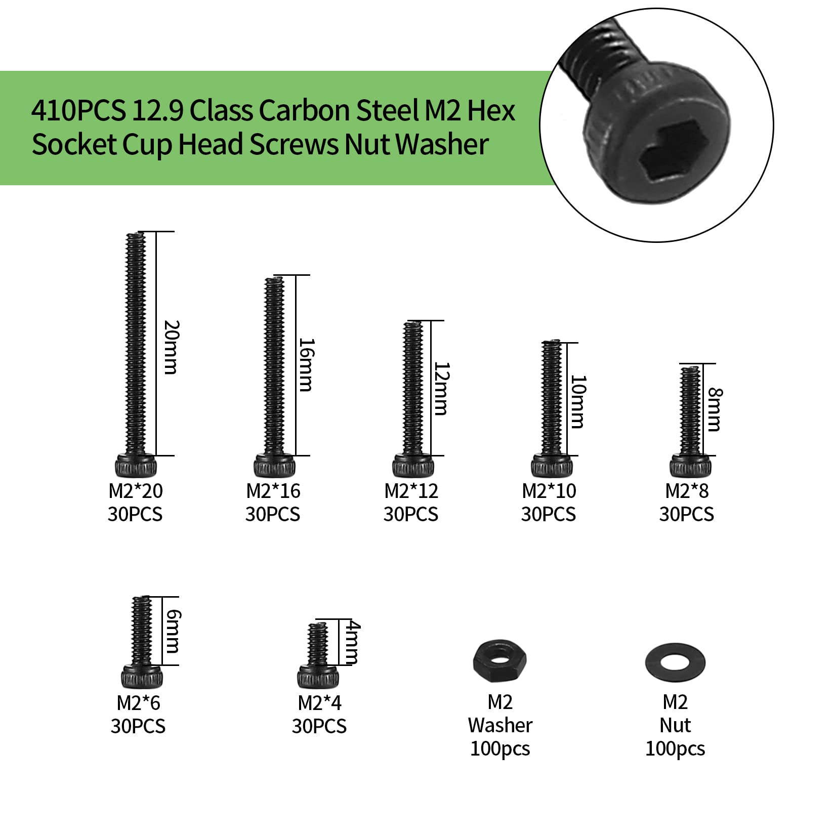 410pcs M2 Countersunk Head Hex Socket Screws, 10.9 Carbon Steel Full Thread Machine Screws, Nuts and Washers Assortment with Allen Keys 