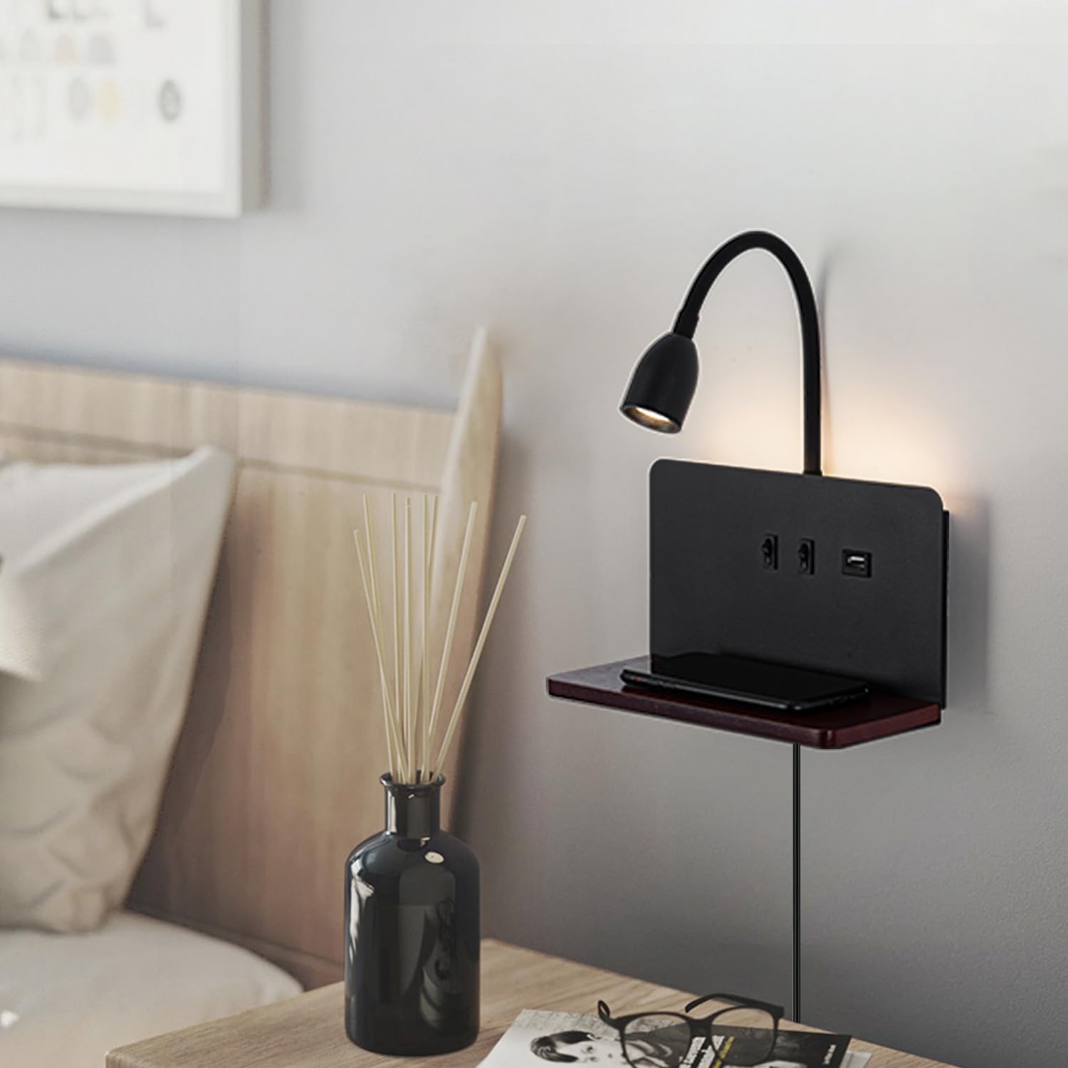 White LED indoor wall light with plug, bedroom wall lamp with USB ports and 10W wireless charger, adjustable and flexible gooseneck reading lamp, 3000K bedside lamp with backlight 