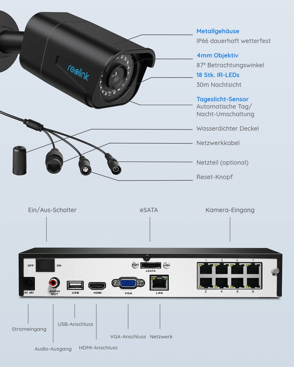 Reolink 4K Outdoor Security Camera Kit, 8CH Video Surveillance with 4x 8MP PoE IP Cameras and 2TB HDD NVR for 24/7 Indoor/Outdoor Recording, Person and Vehicle Detection, IP66, RLK8-800B4 