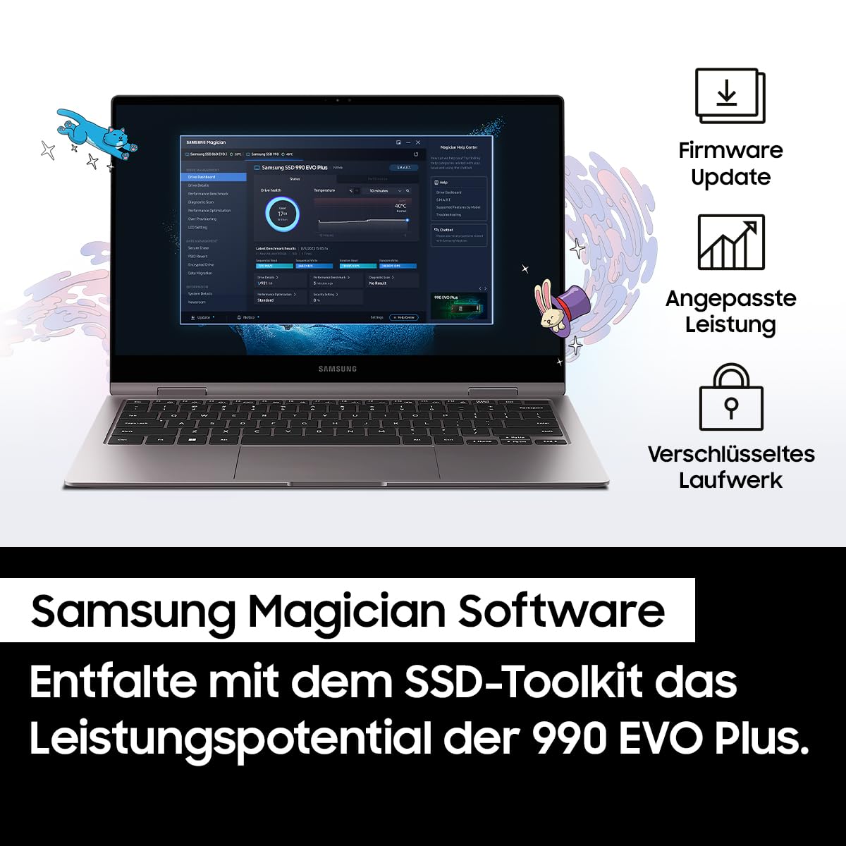 Samsung 990 EVO Plus NVMe M.2 SSD 1 TB, PCIe 4.0 x4 / PCIe 5.0 x2, NVMe 2.0 (2280), 7,150 MB/s Read, 6,300 MB/s Write, Internal SSD for Gaming and Graphics Editing, MZ-V9S1T0BW 