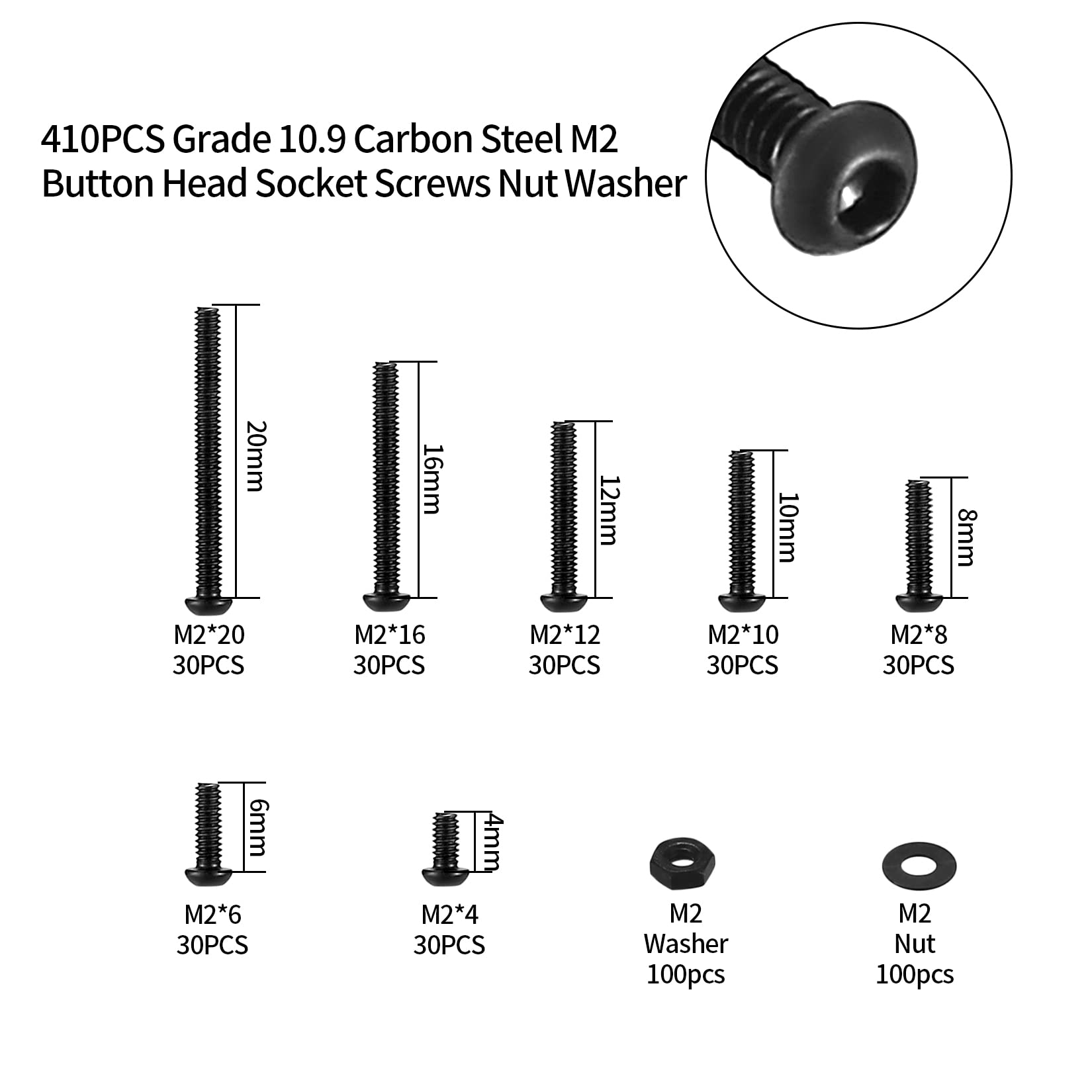 410pcs M2 Countersunk Head Hex Socket Screws, 10.9 Carbon Steel Full Thread Machine Screws, Nuts and Washers Assortment with Allen Keys 