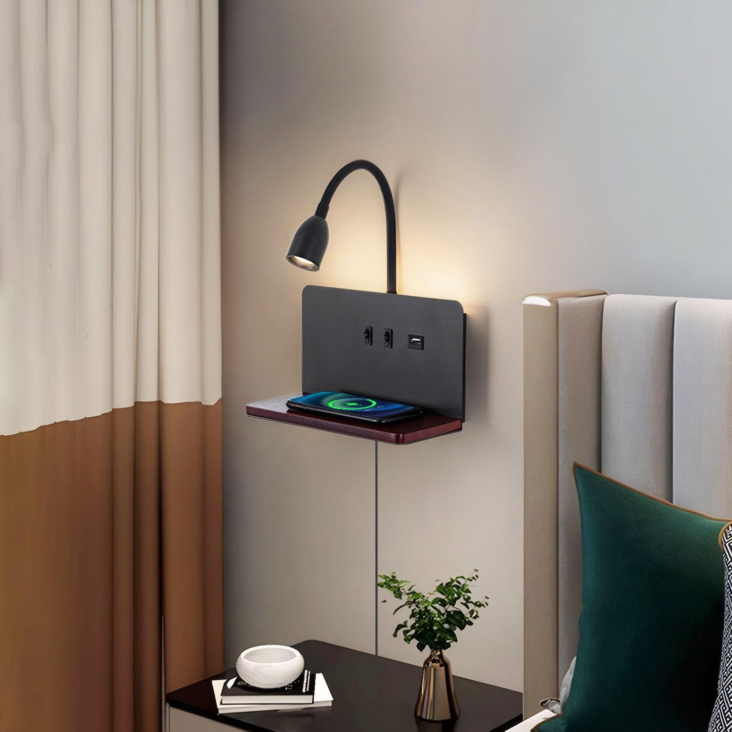 White LED indoor wall light with plug, bedroom wall lamp with USB ports and 10W wireless charger, adjustable and flexible gooseneck reading lamp, 3000K bedside lamp with backlight 