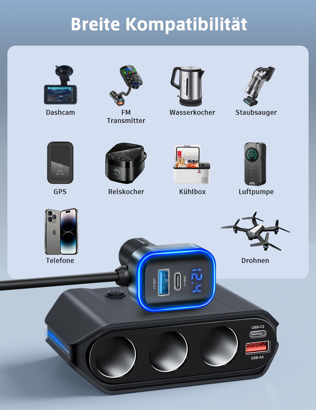 Cigarette lighter distributor 7 in 1, SONRU 180W car charger adapter 12V/24V plug 3-way LED voltmeter with separate switch, quick charger 3 sockets 4 USB ports 