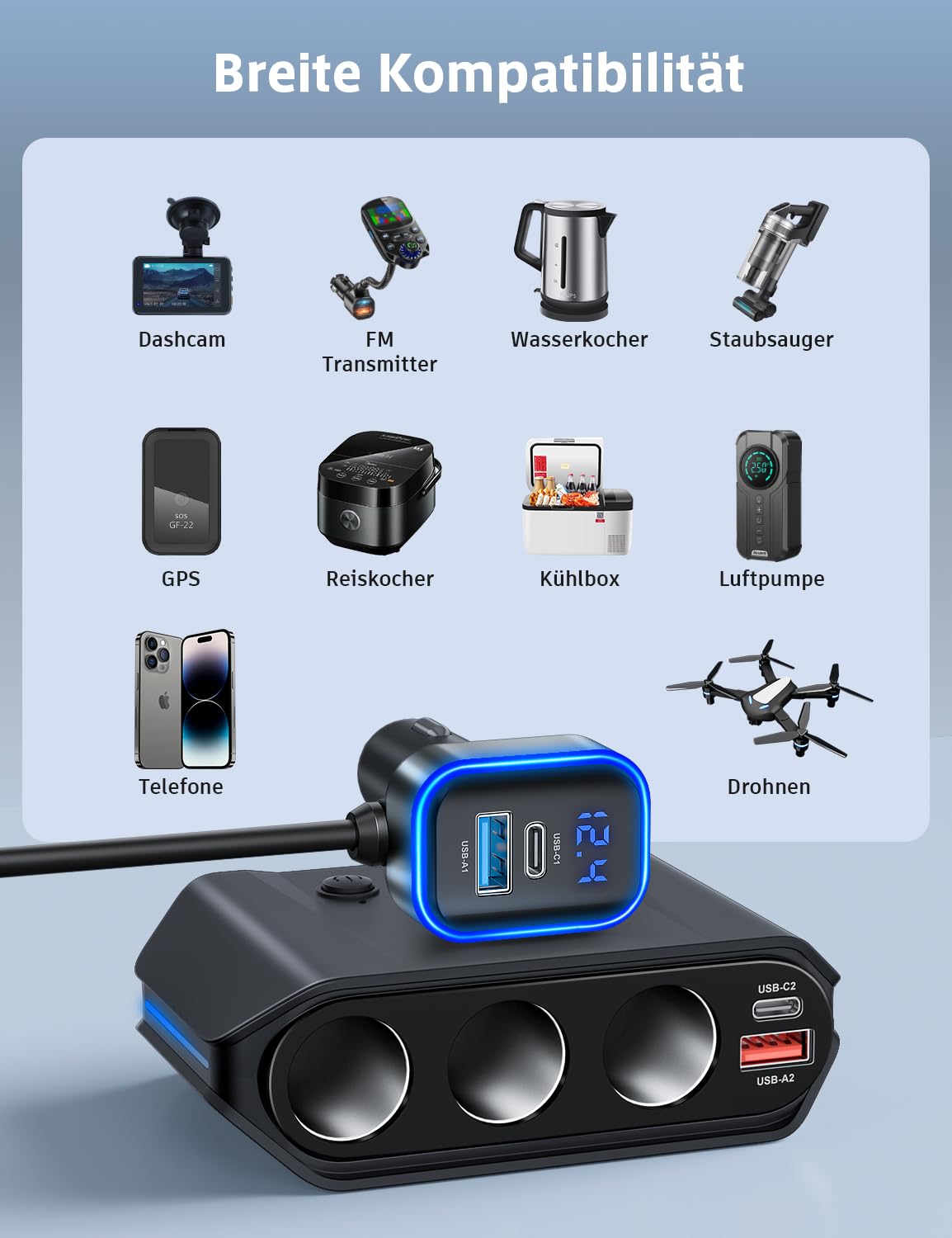 Cigarette lighter distributor 7 in 1, SONRU 180W car charger adapter 12V/24V plug 3-way LED voltmeter with separate switch, quick charger 3 sockets 4 USB ports 