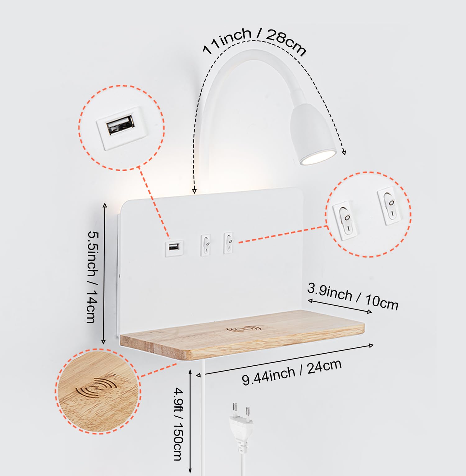 White LED indoor wall light with plug, bedroom wall lamp with USB ports and 10W wireless charger, adjustable and flexible gooseneck reading lamp, 3000K bedside lamp with backlight 