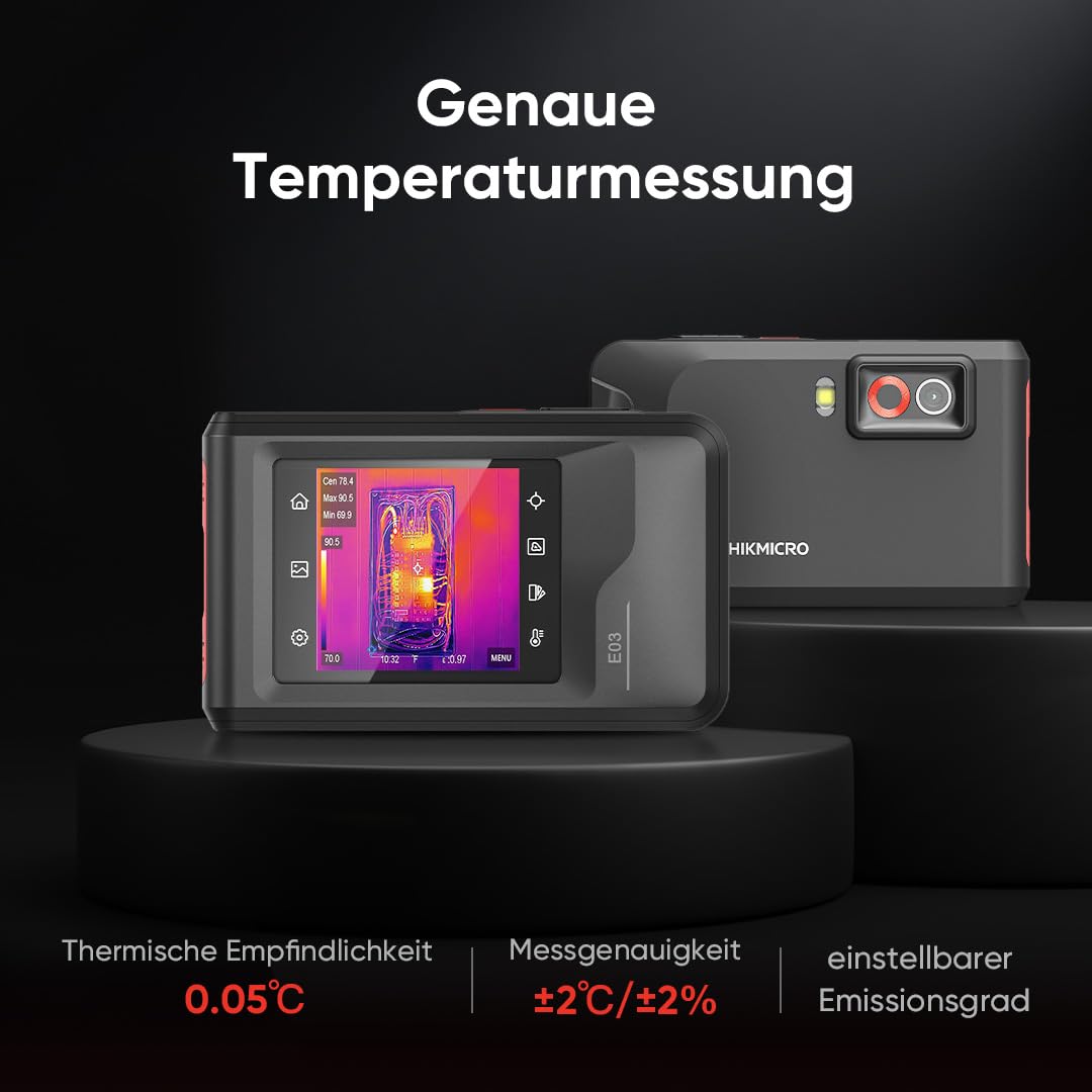 HIKMICRO E03 Compact pocket-sized thermal imaging camera with 240 x 240 SuperIR resolution and visual camera, 96 x 96 IR resolution/9,216 pixels, 25 Hz, 3.5" touchscreen thermal imaging camera, IP54, -20°C to 350°C 