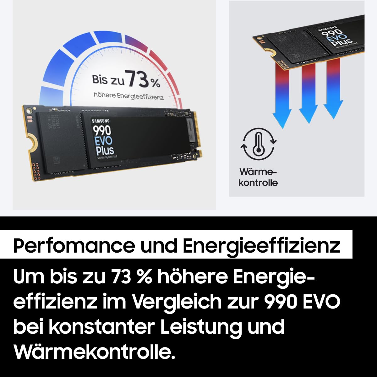 Samsung 990 EVO Plus NVMe M.2 SSD 1 TB, PCIe 4.0 x4 / PCIe 5.0 x2, NVMe 2.0 (2280), 7,150 MB/s Read, 6,300 MB/s Write, Internal SSD for Gaming and Graphics Editing, MZ-V9S1T0BW 