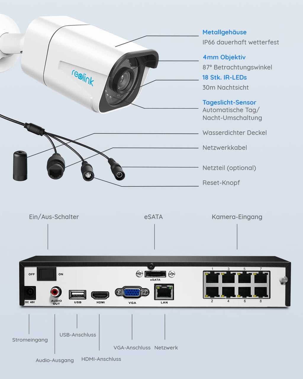 Reolink 4K Outdoor Security Camera Kit, 8CH Video Surveillance with 4x 8MP PoE IP Cameras and 2TB HDD NVR for 24/7 Indoor/Outdoor Recording, Person and Vehicle Detection, IP66, RLK8-800B4 