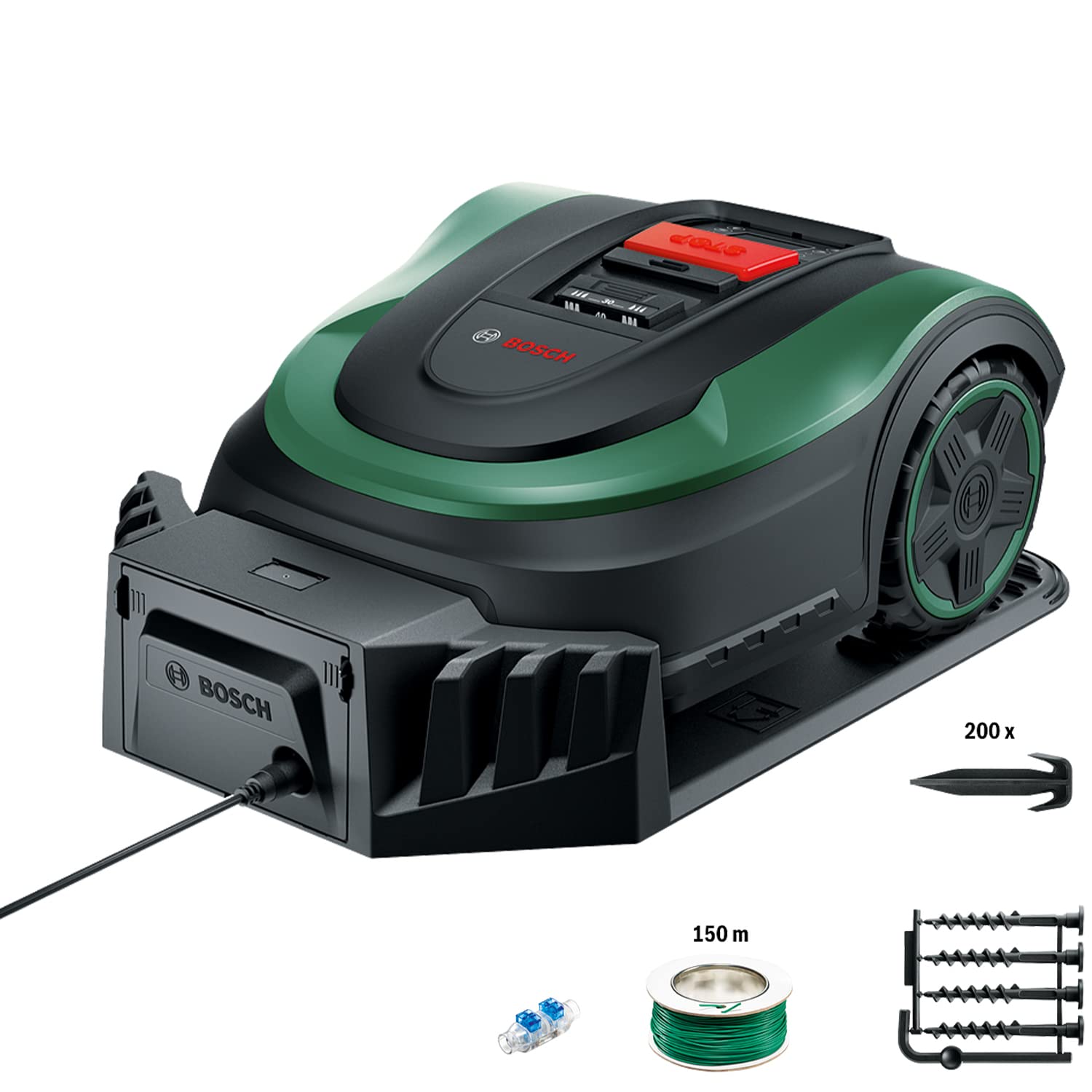 Bosch Home and Garden Indego XS 300 Robot Lawnmower (with Integrated 18 V Battery, Charging Station Included, Cutting Width 19 cm, for Lawns up to 300 m², in Box) Black, Green 