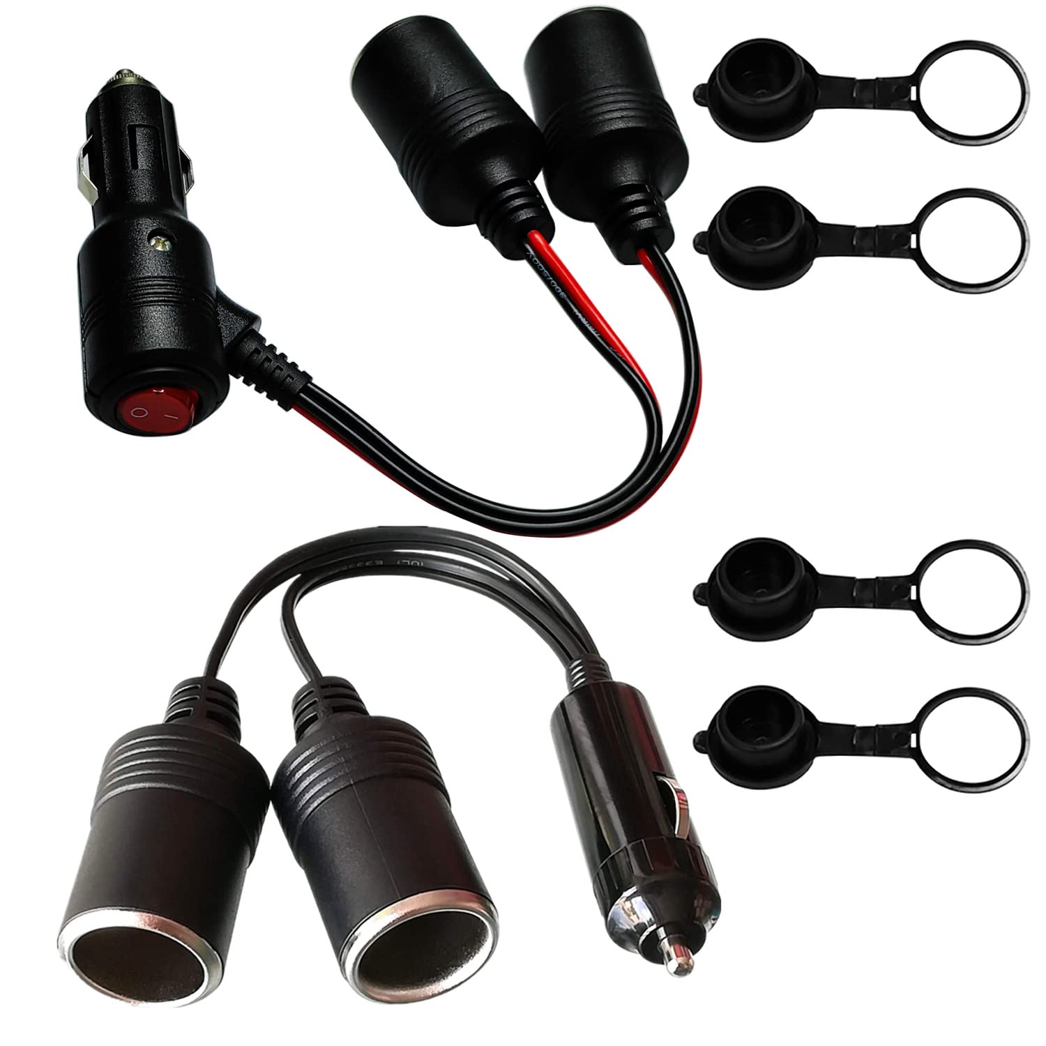 GTIWUNG Car Motorcycle Cigarette Lighter Plug Adapter THREE-Way Socket Splitter, 1 to 2 Car Cigarette Lighter Plugs 12V/24V 