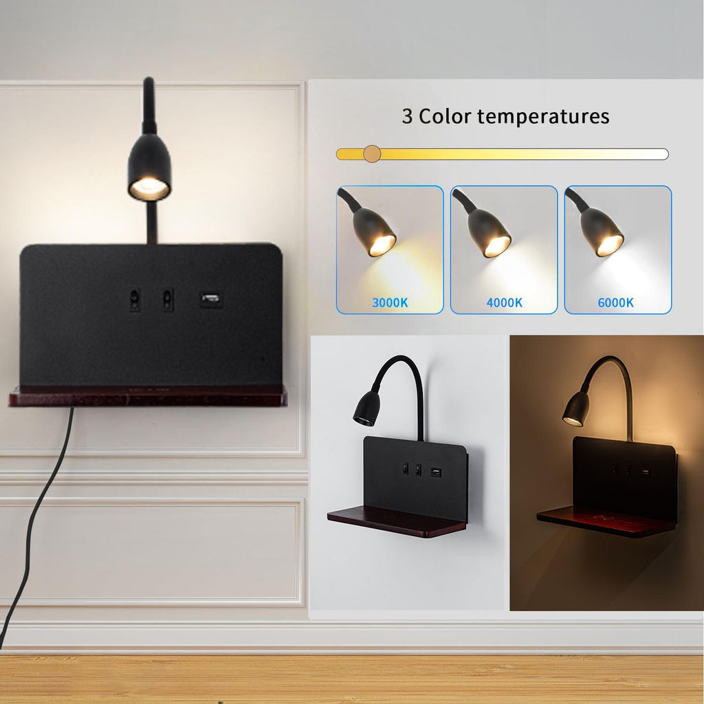 White LED indoor wall light with plug, bedroom wall lamp with USB ports and 10W wireless charger, adjustable and flexible gooseneck reading lamp, 3000K bedside lamp with backlight 