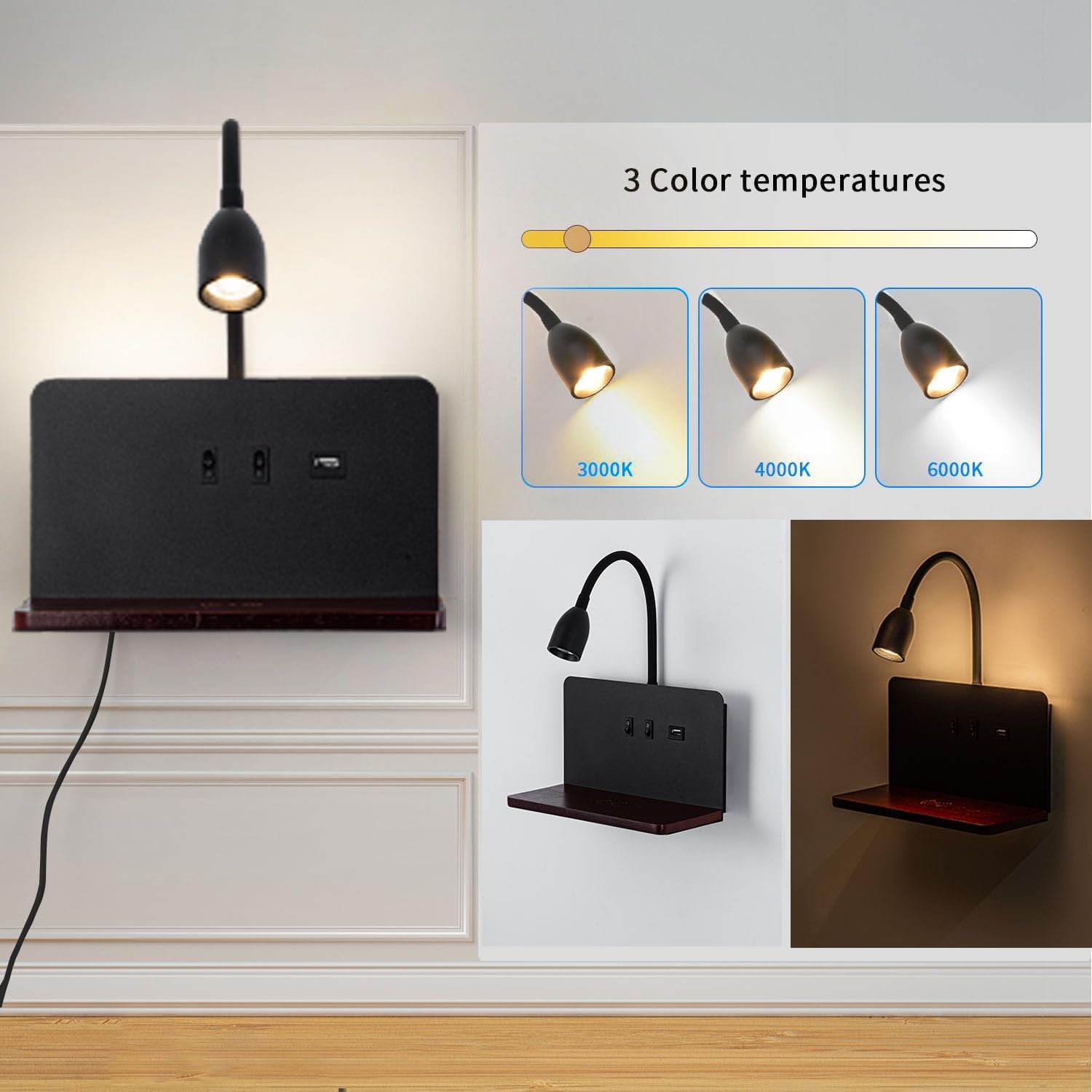 White LED indoor wall light with plug, bedroom wall lamp with USB ports and 10W wireless charger, adjustable and flexible gooseneck reading lamp, 3000K bedside lamp with backlight 