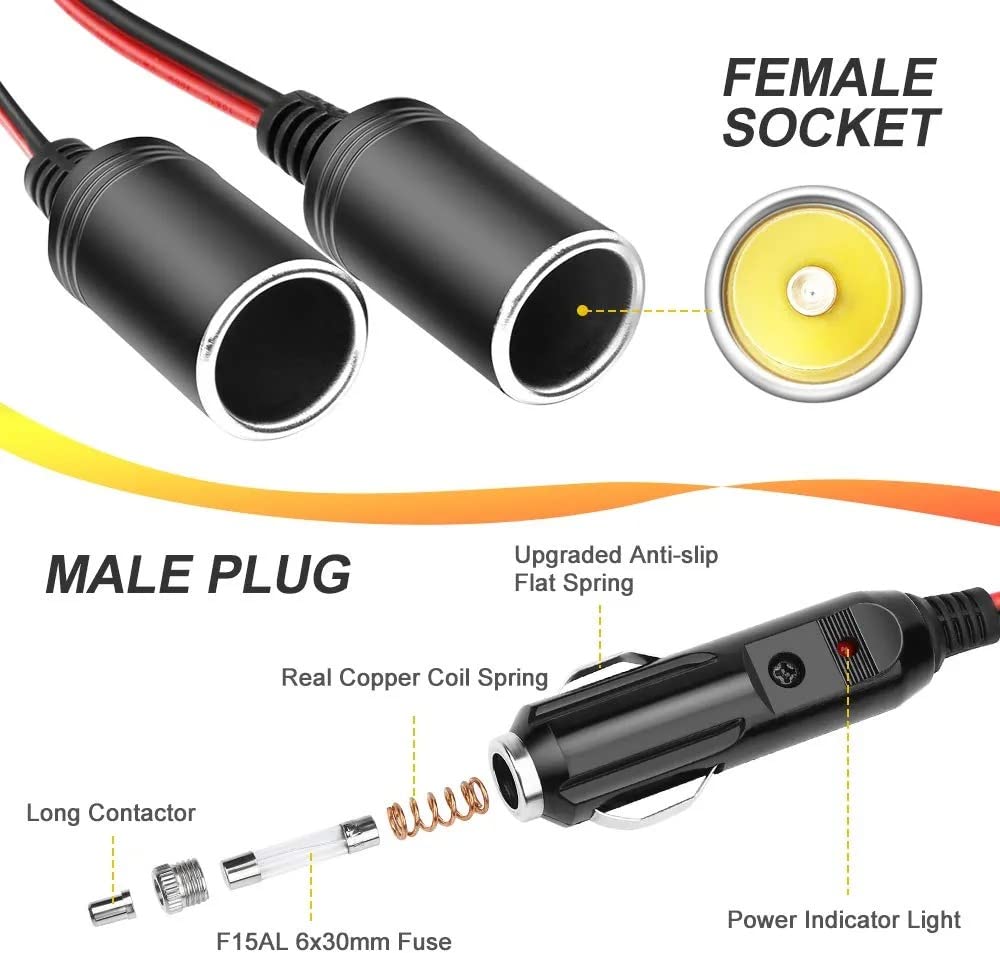 GTIWUNG Car Motorcycle Cigarette Lighter Plug Adapter THREE-Way Socket Splitter, 1 to 2 Car Cigarette Lighter Plugs 12V/24V 