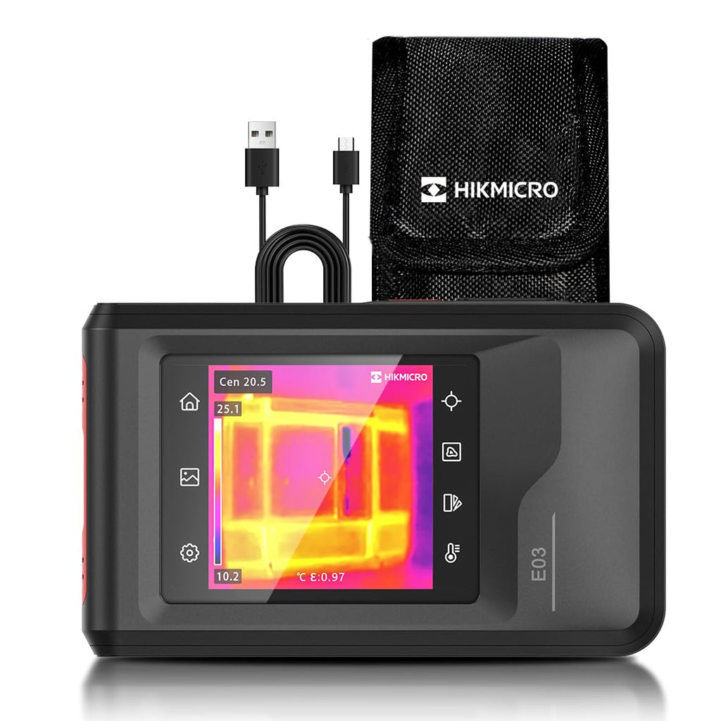 HIKMICRO E03 Compact pocket-sized thermal imaging camera with 240 x 240 SuperIR resolution and visual camera, 96 x 96 IR resolution/9,216 pixels, 25 Hz, 3.5" touchscreen thermal imaging camera, IP54, -20°C to 350°C 