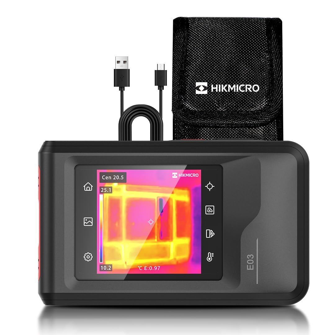 HIKMICRO E03 Compact pocket-sized thermal imaging camera with 240 x 240 SuperIR resolution and visual camera, 96 x 96 IR resolution/9,216 pixels, 25 Hz, 3.5" touchscreen thermal imaging camera, IP54, -20°C to 350°C 