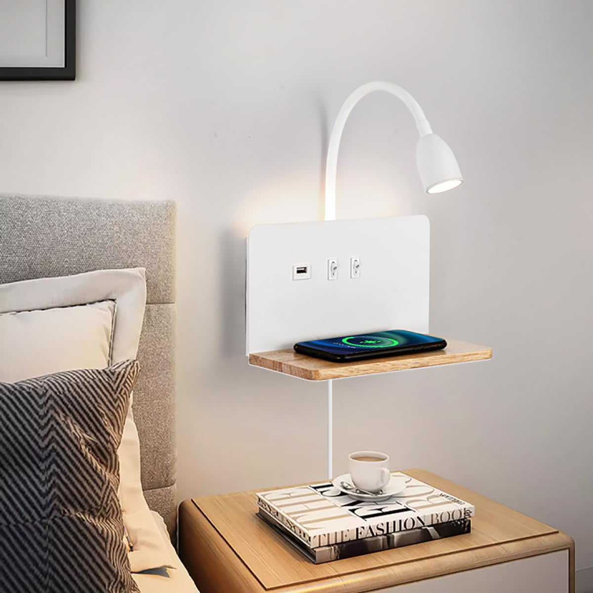 White LED indoor wall light with plug, bedroom wall lamp with USB ports and 10W wireless charger, adjustable and flexible gooseneck reading lamp, 3000K bedside lamp with backlight 