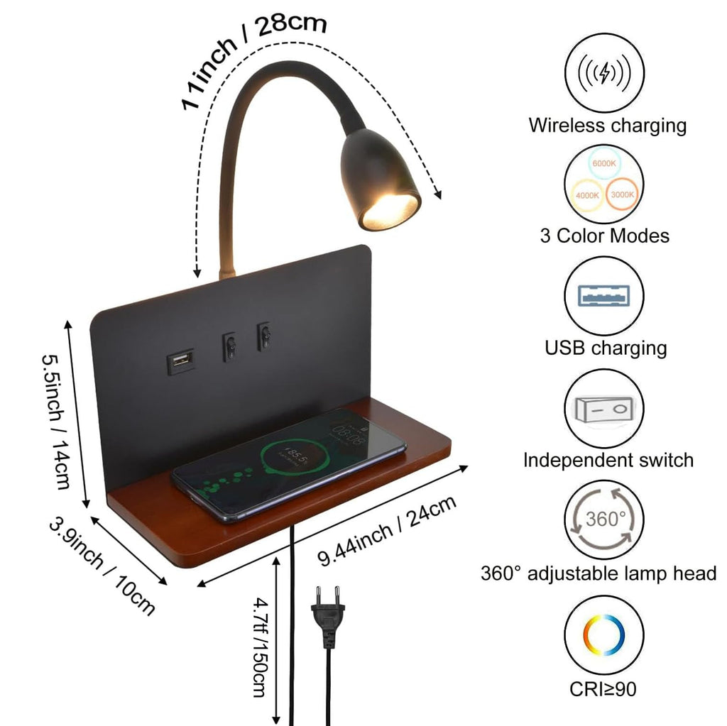 White LED indoor wall light with plug, bedroom wall lamp with USB ports and 10W wireless charger, adjustable and flexible gooseneck reading lamp, 3000K bedside lamp with backlight 