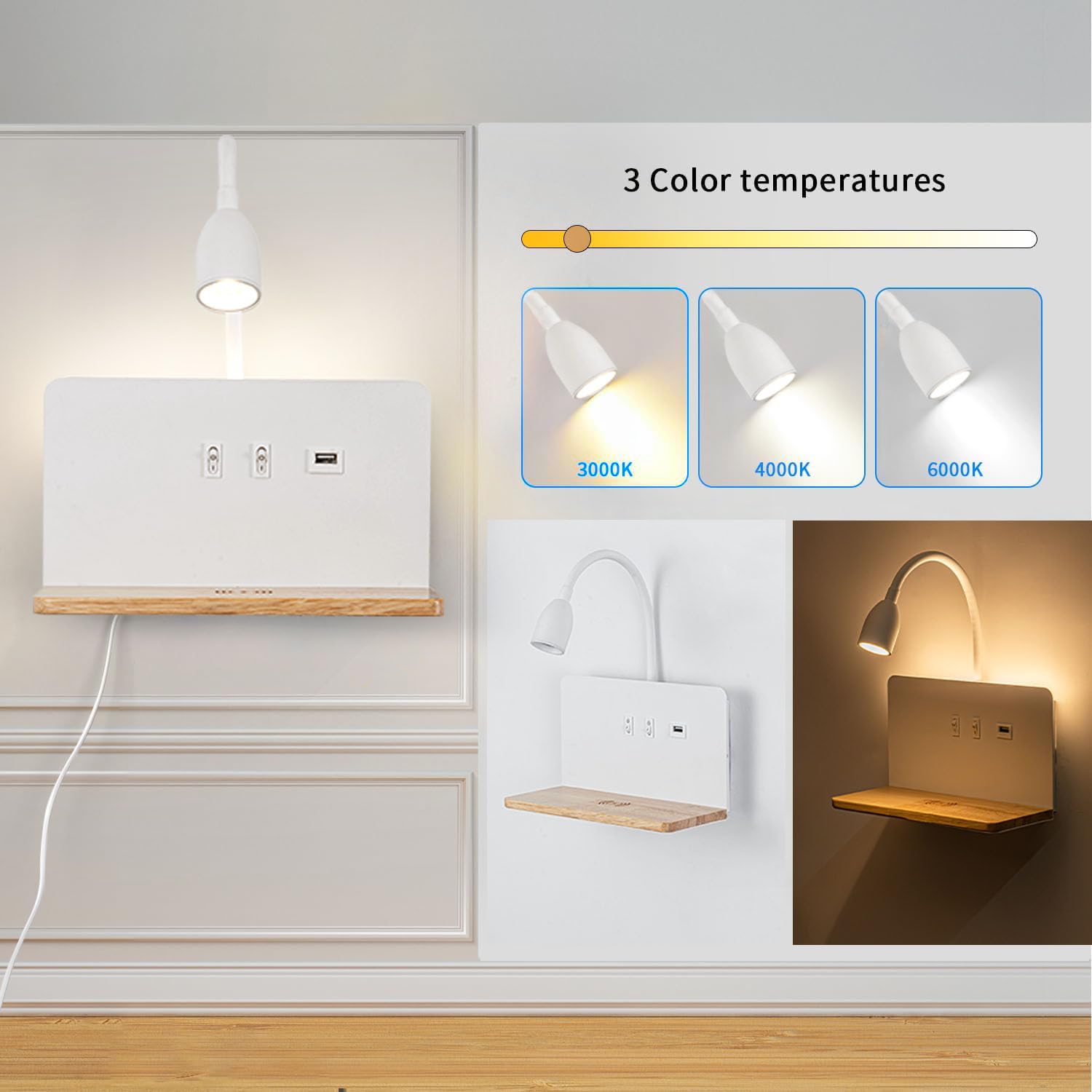 White LED indoor wall light with plug, bedroom wall lamp with USB ports and 10W wireless charger, adjustable and flexible gooseneck reading lamp, 3000K bedside lamp with backlight 