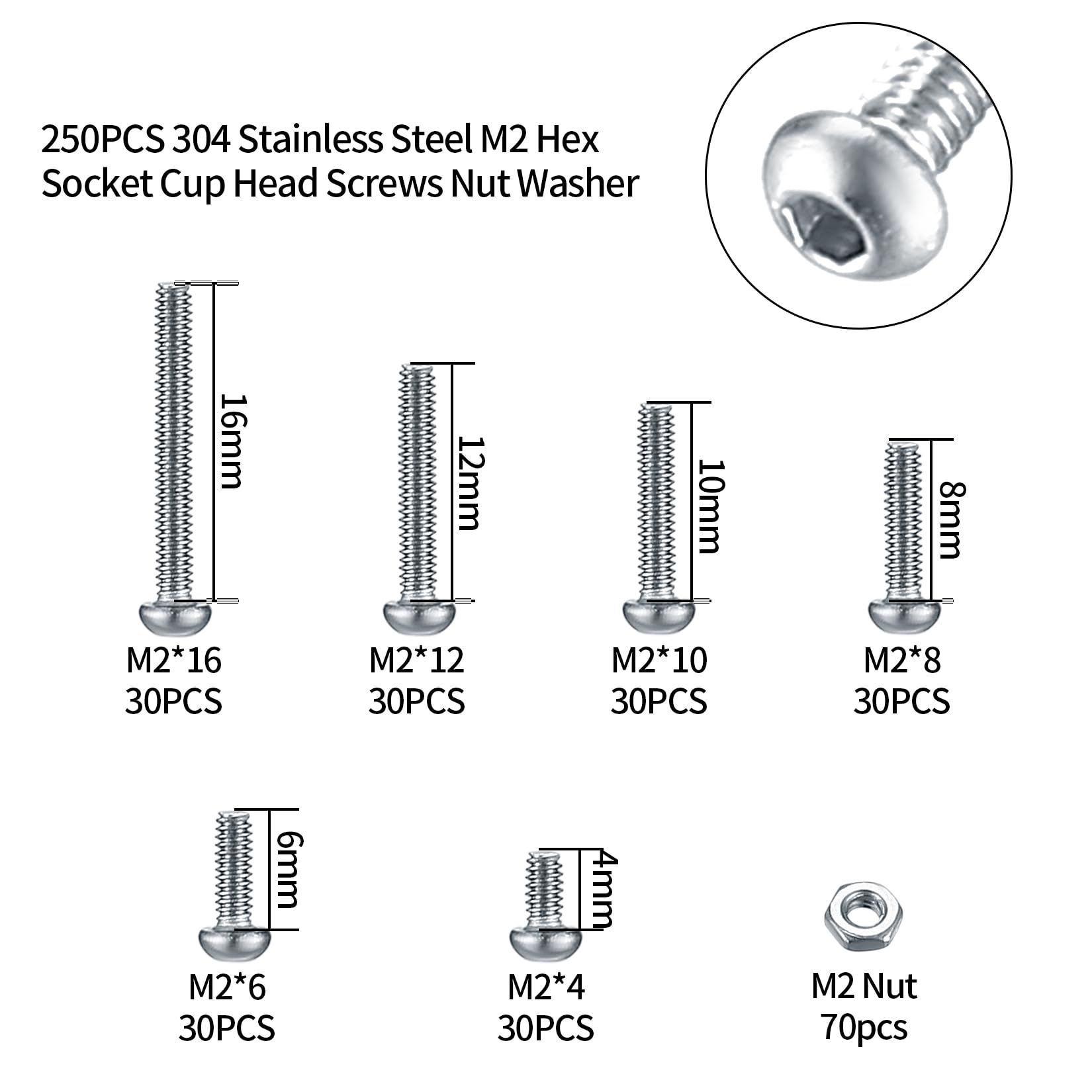 410pcs M2 Countersunk Head Hex Socket Screws, 10.9 Carbon Steel Full Thread Machine Screws, Nuts and Washers Assortment with Allen Keys 