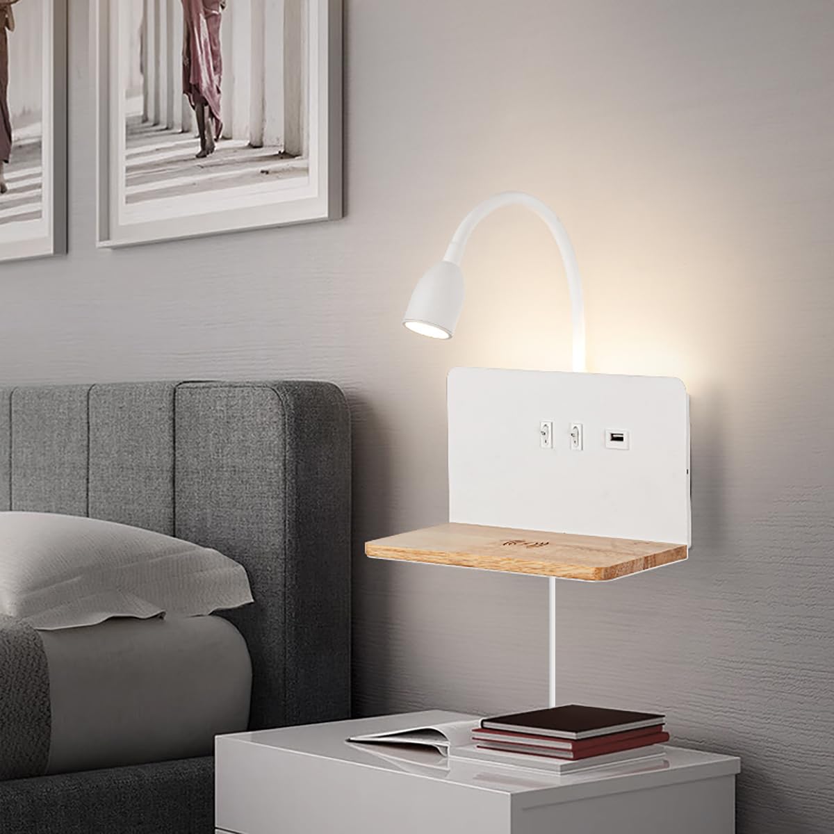 White LED indoor wall light with plug, bedroom wall lamp with USB ports and 10W wireless charger, adjustable and flexible gooseneck reading lamp, 3000K bedside lamp with backlight 