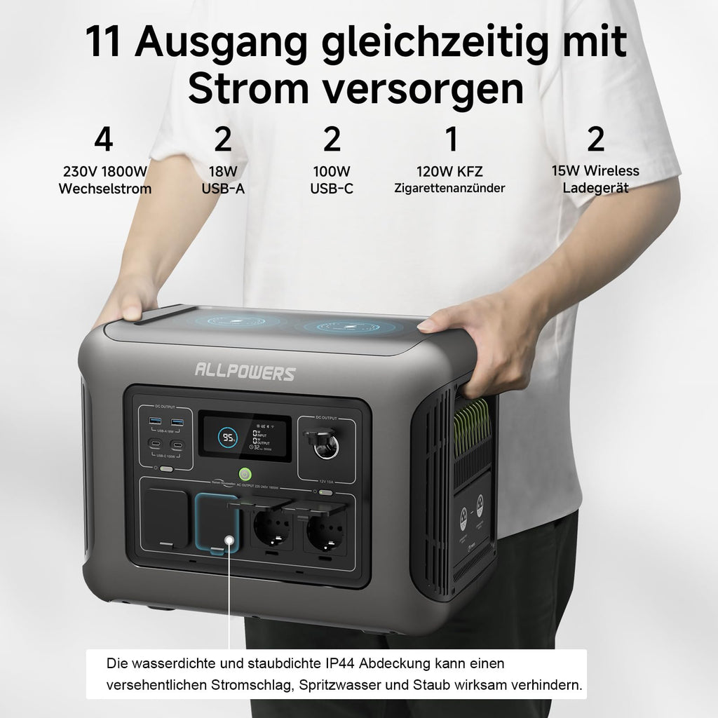 ALLPOWERS R1500 Portable Power Station with 200W Solar Panel, 1152Wh LiFePO4 Battery with 1800W AC Output Solar Generator, 43dB Quiet Operation Mobile Emergency Power Supply for Garden Travel Camping Motorhome 