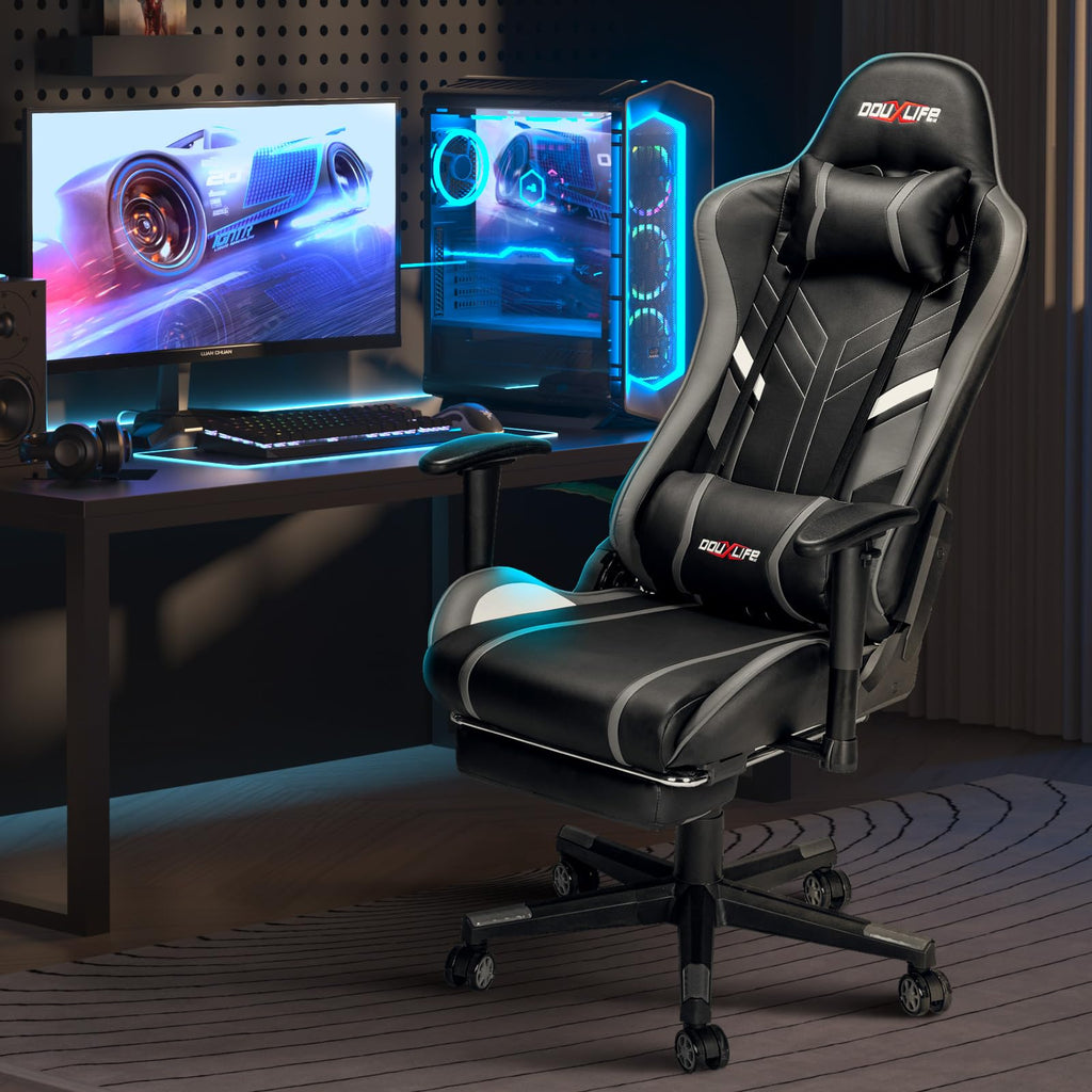Douxlife Gaming Chair, with 7-Point Massage, Footrest, Ergonomic 180KG Office Chair, 90-175° Backrest Adjustable, Adjustable Armrest, Desk Chair for Adults, Black and White 