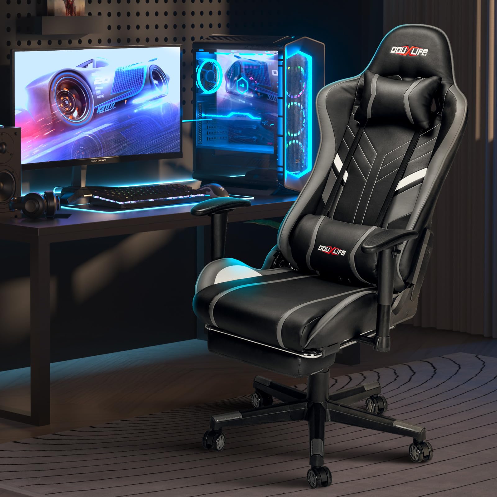 Douxlife Gaming Chair, with 7-Point Massage, Footrest, Ergonomic 180KG Office Chair, 90-175° Backrest Adjustable, Adjustable Armrest, Desk Chair for Adults, Black and White 