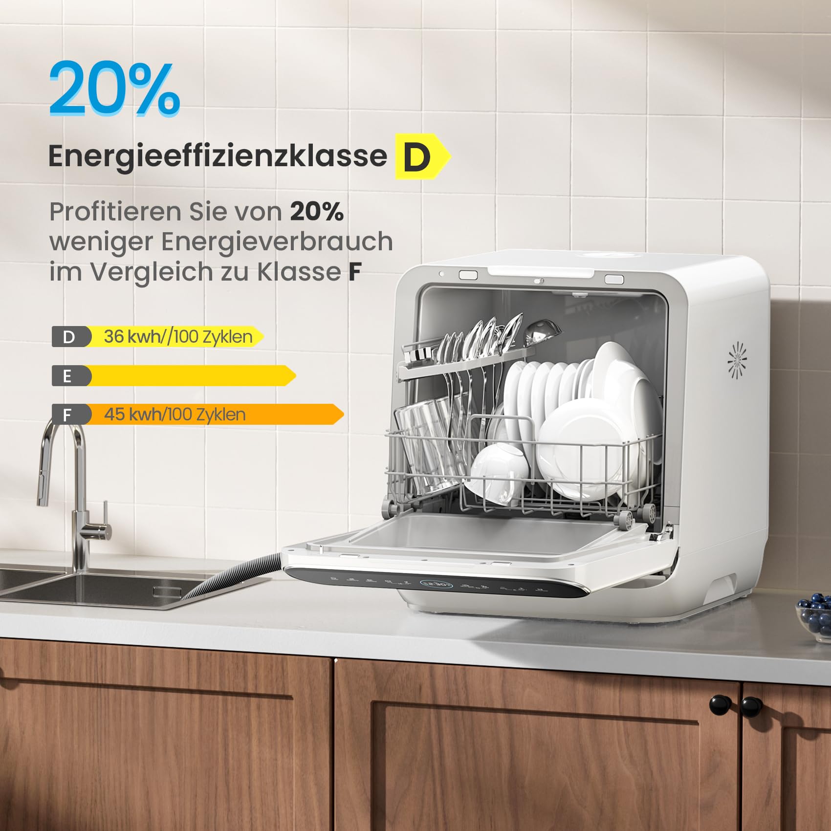 Midea ST 3.6F wi Countertop Dishwasher, 6 Wash Programs, Delay Start, Extra Drying Function, IOT Control, Mini Dishwasher, Ideal for Small Apartments, White 
