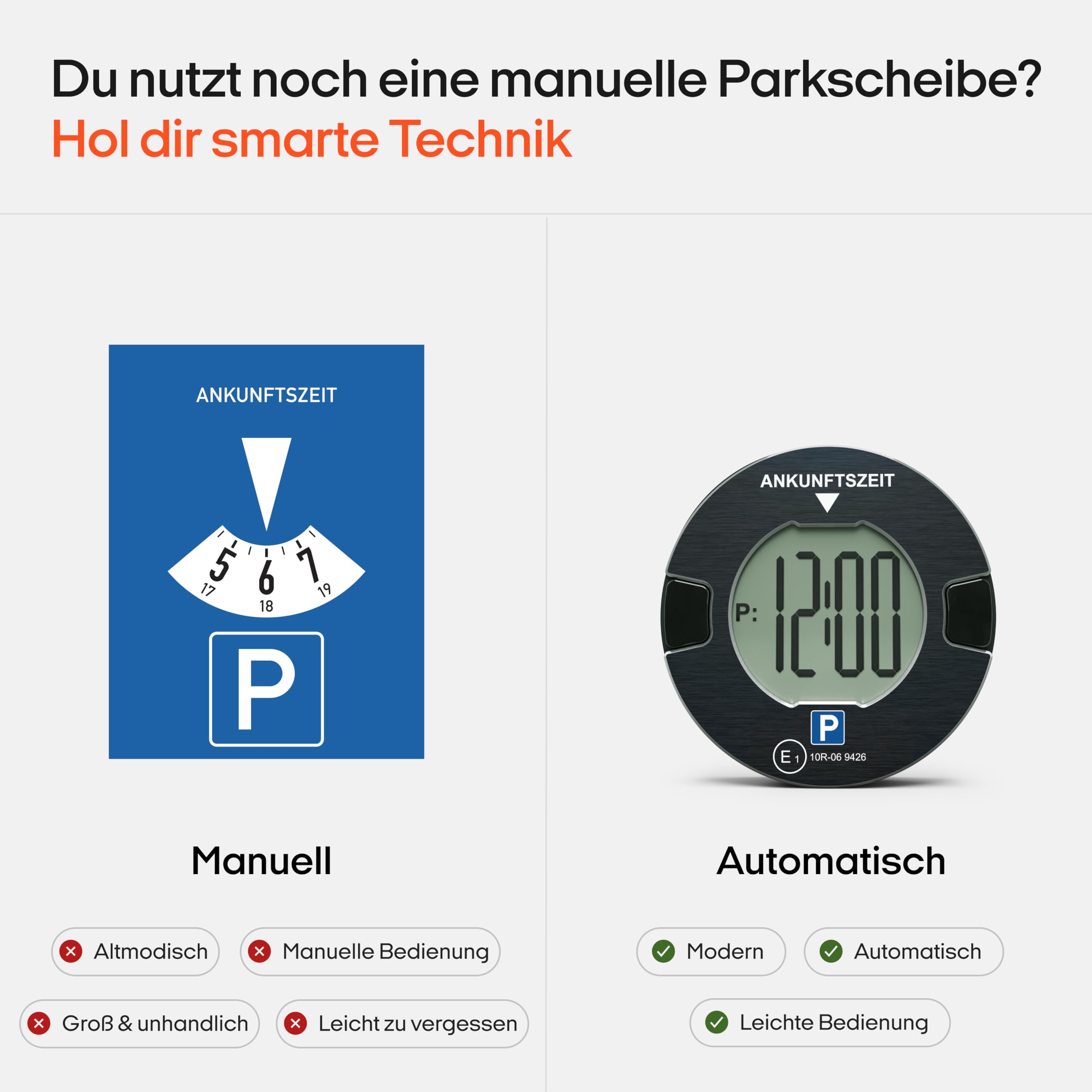 OOONO P-DISC NO1 - Electronic parking disc with approval for cars - Automatic digital parking disc electric with approval from the KBA according to StVO - Electric parking meter car approved 