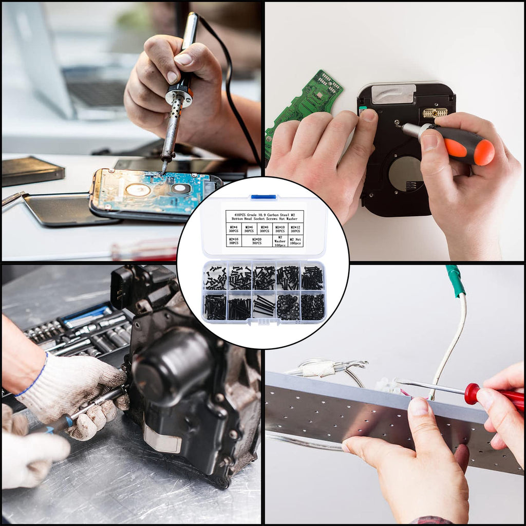 410pcs M2 Countersunk Head Hex Socket Screws, 10.9 Carbon Steel Full Thread Machine Screws, Nuts and Washers Assortment with Allen Keys 