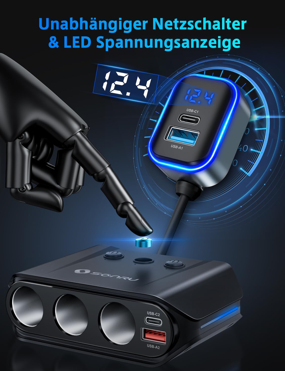 Cigarette lighter distributor 7 in 1, SONRU 180W car charger adapter 12V/24V plug 3-way LED voltmeter with separate switch, quick charger 3 sockets 4 USB ports 