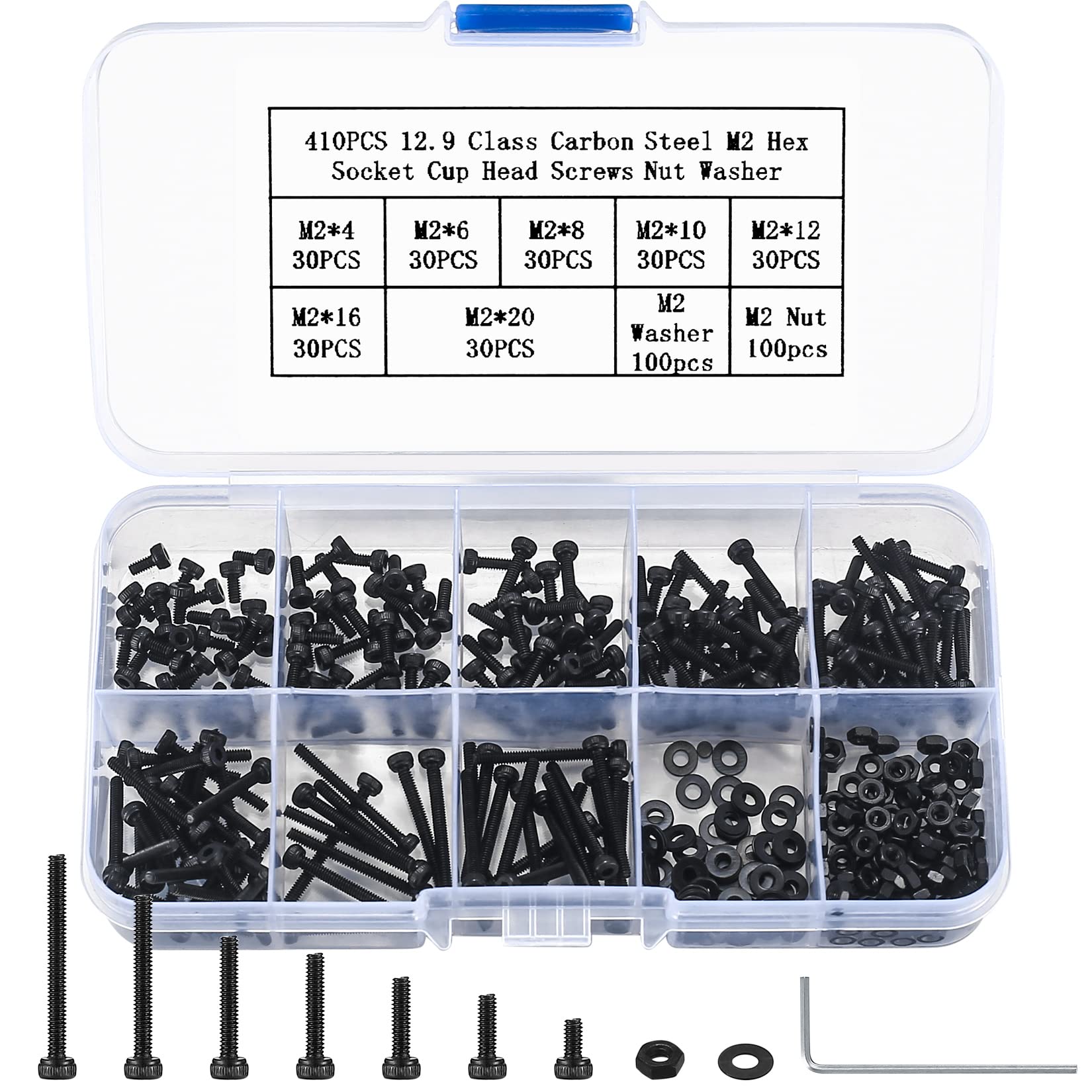 410pcs M2 Countersunk Head Hex Socket Screws, 10.9 Carbon Steel Full Thread Machine Screws, Nuts and Washers Assortment with Allen Keys 