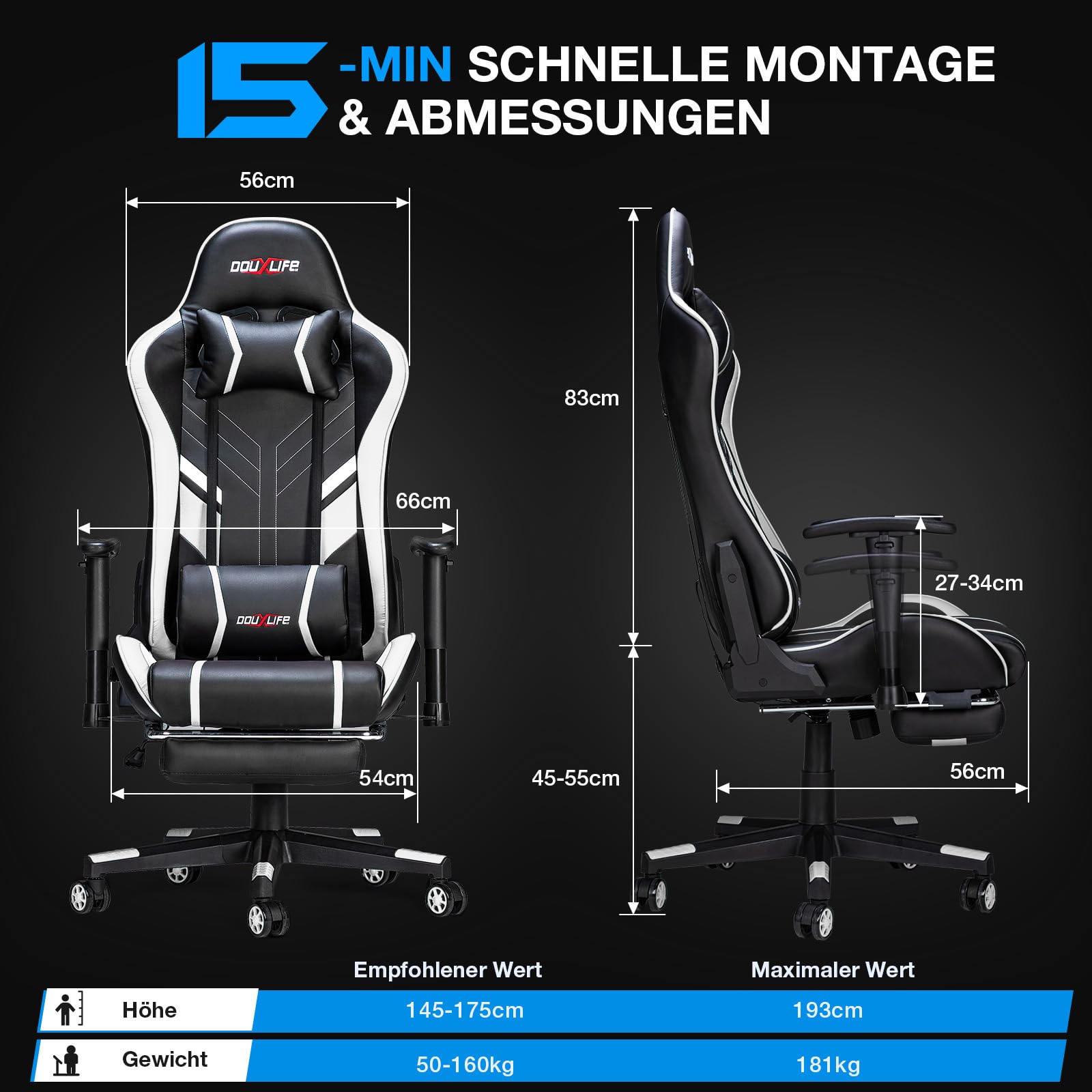 Douxlife Gaming Chair, with 7-Point Massage, Footrest, Ergonomic 180KG Office Chair, 90-175° Backrest Adjustable, Adjustable Armrest, Desk Chair for Adults, Black and White 