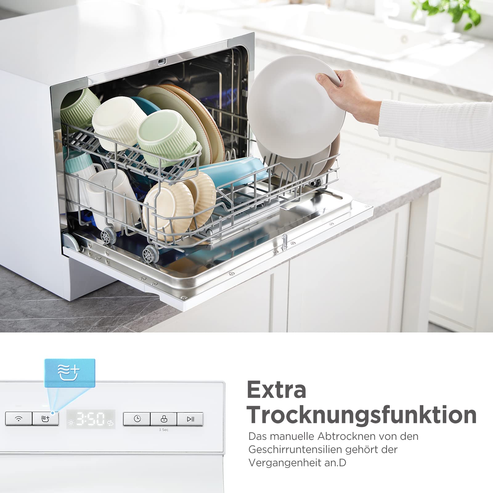 Midea ST 3.6F wi Countertop Dishwasher, 6 Wash Programs, Delay Start, Extra Drying Function, IOT Control, Mini Dishwasher, Ideal for Small Apartments, White 