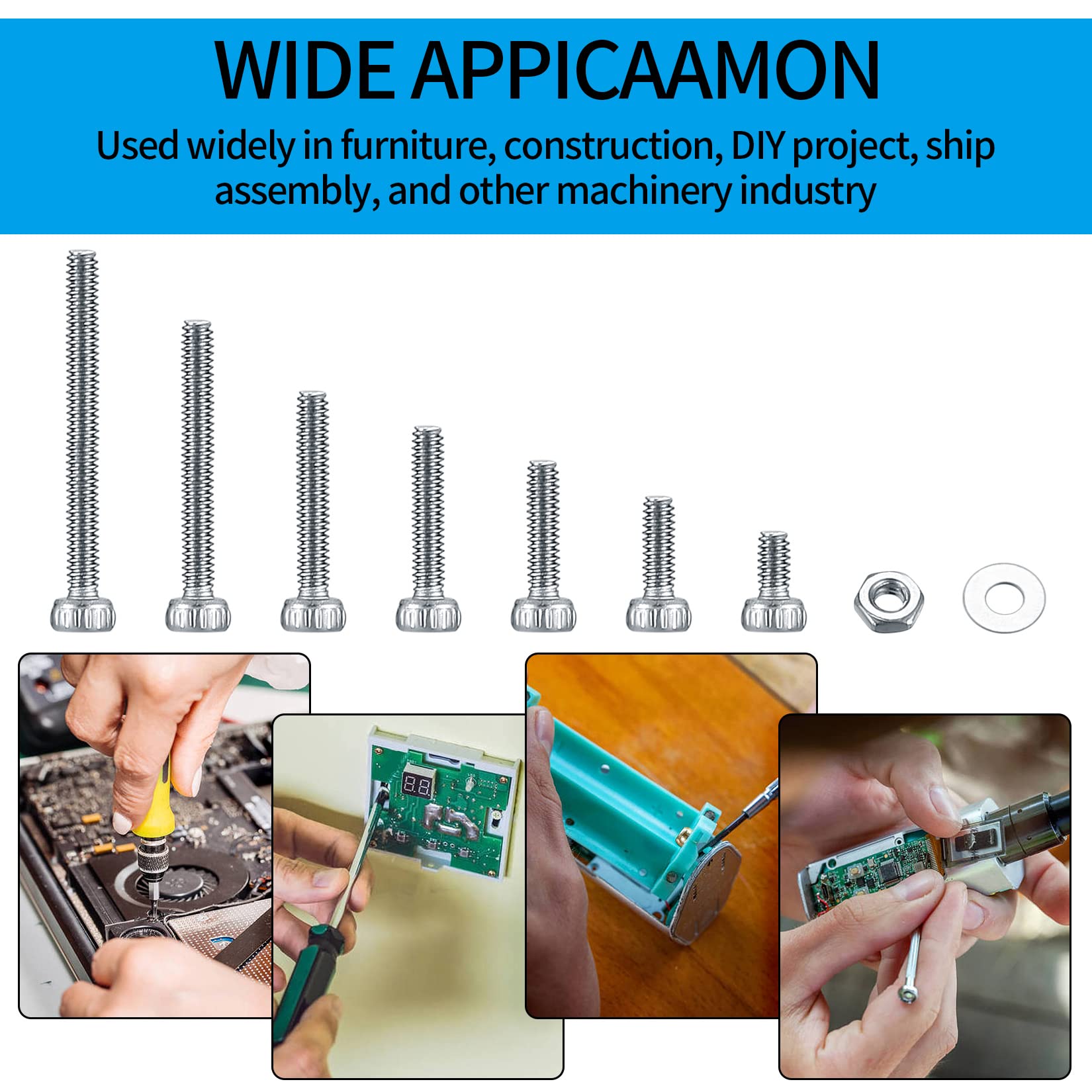 410pcs M2 Countersunk Head Hex Socket Screws, 10.9 Carbon Steel Full Thread Machine Screws, Nuts and Washers Assortment with Allen Keys 