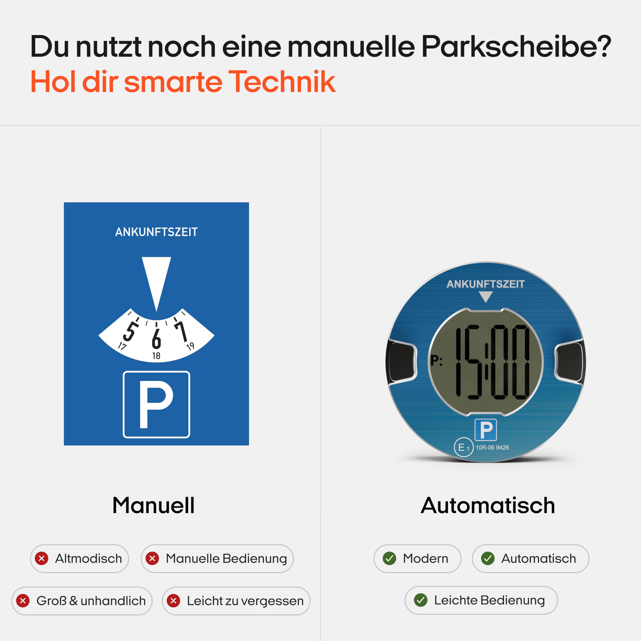 OOONO P-DISC NO1 - Electronic parking disc with approval for cars - Automatic digital parking disc electric with approval from the KBA according to StVO - Electric parking meter car approved 