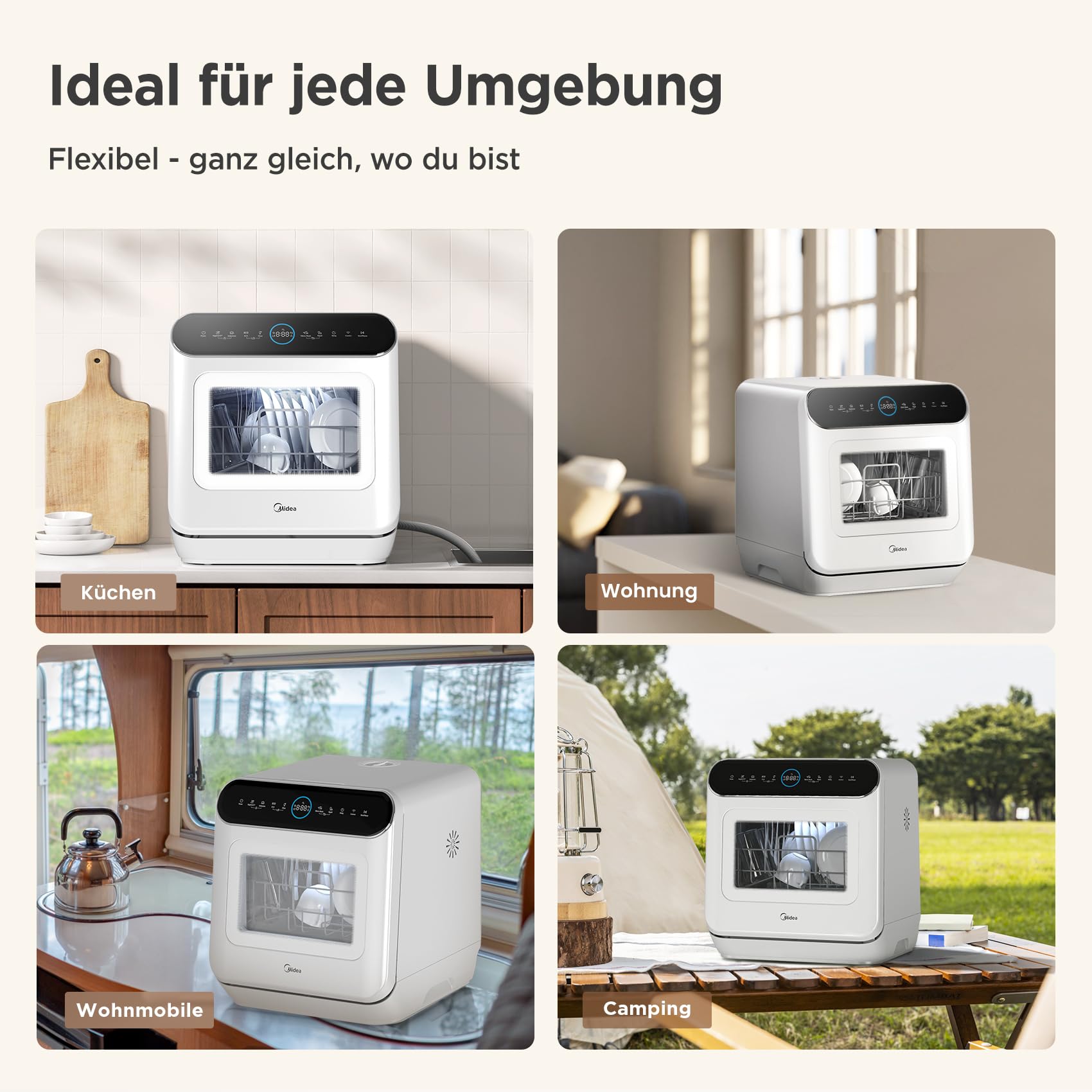 Midea ST 3.6F wi Countertop Dishwasher, 6 Wash Programs, Delay Start, Extra Drying Function, IOT Control, Mini Dishwasher, Ideal for Small Apartments, White 