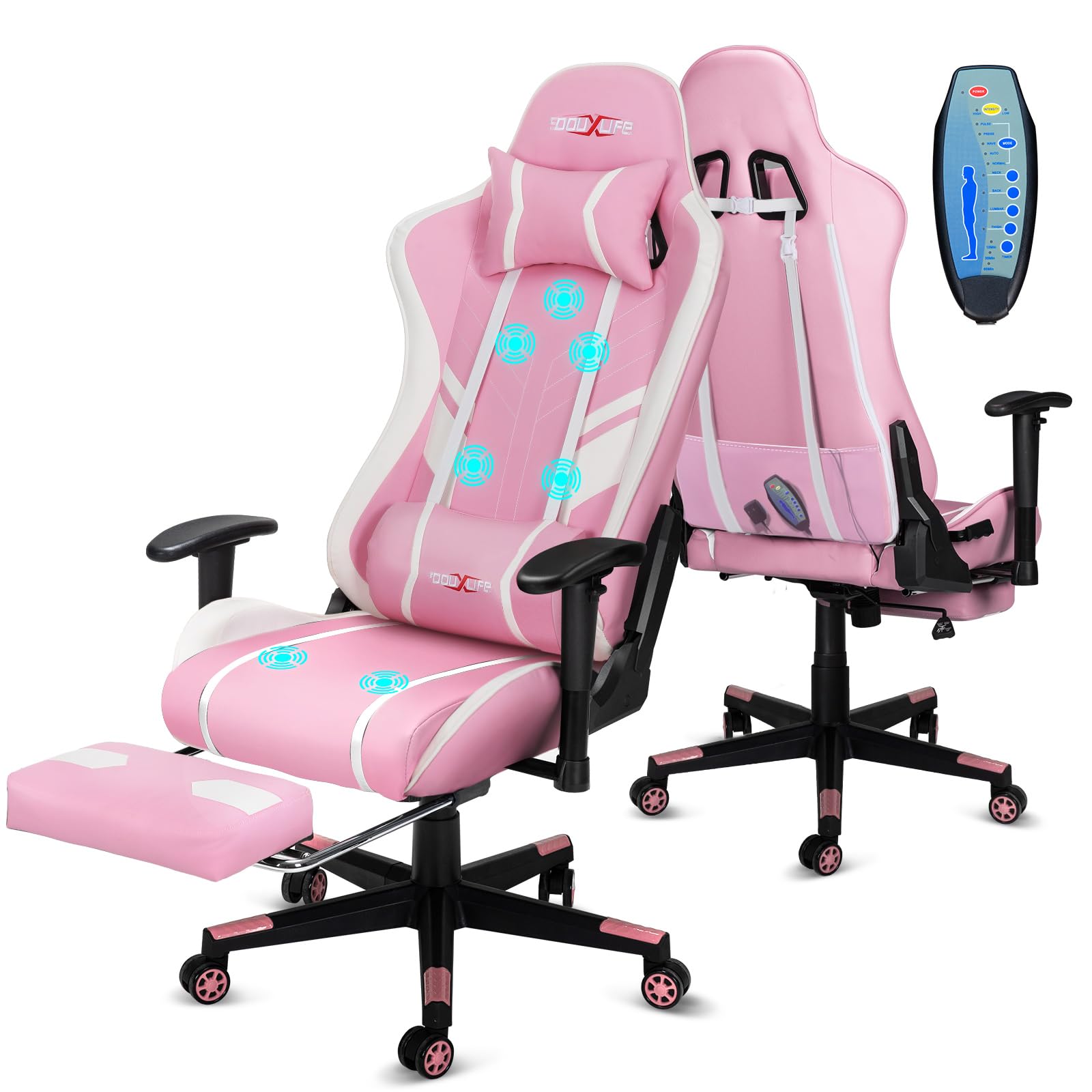 Douxlife Gaming Chair, with 7-Point Massage, Footrest, Ergonomic 180KG Office Chair, 90-175° Backrest Adjustable, Adjustable Armrest, Desk Chair for Adults, Black and White 