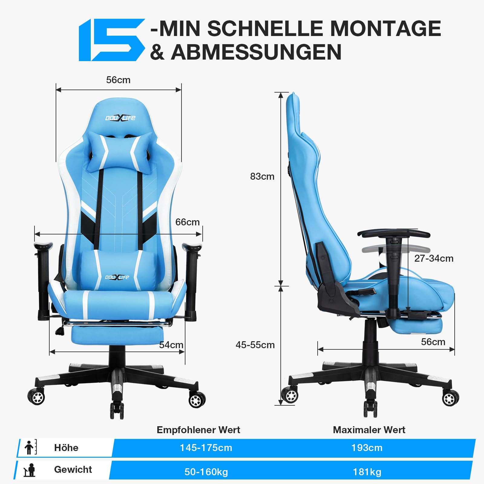 Douxlife Gaming Chair, with 7-Point Massage, Footrest, Ergonomic 180KG Office Chair, 90-175° Backrest Adjustable, Adjustable Armrest, Desk Chair for Adults, Black and White 