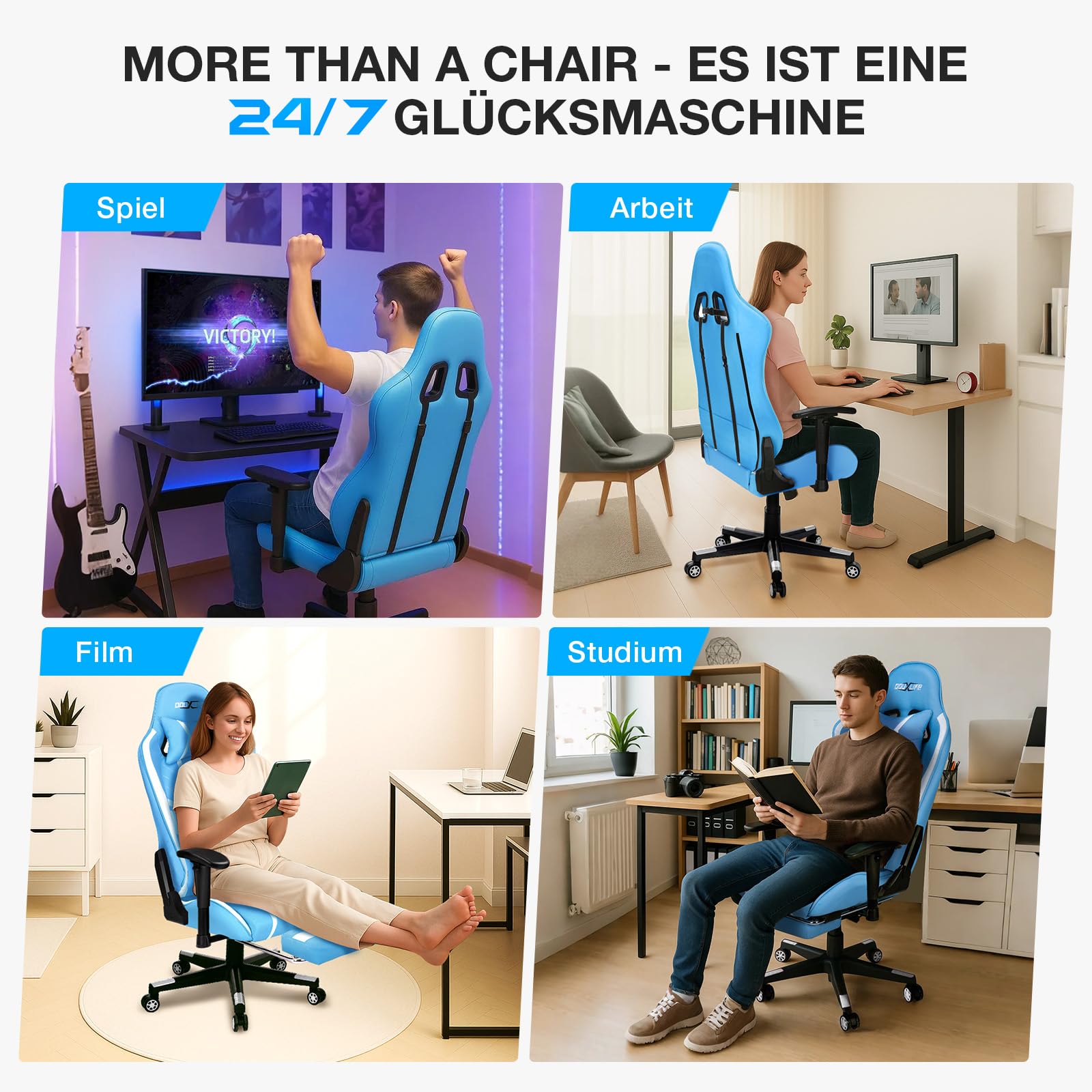 Douxlife Gaming Chair, with 7-Point Massage, Footrest, Ergonomic 180KG Office Chair, 90-175° Backrest Adjustable, Adjustable Armrest, Desk Chair for Adults, Black and White 