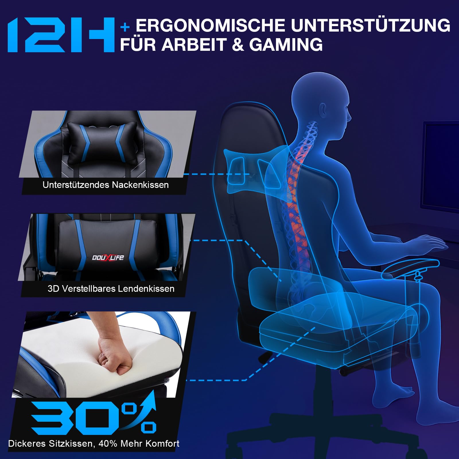 Douxlife Gaming Chair, with 7-Point Massage, Footrest, Ergonomic 180KG Office Chair, 90-175° Backrest Adjustable, Adjustable Armrest, Desk Chair for Adults, Black and White 
